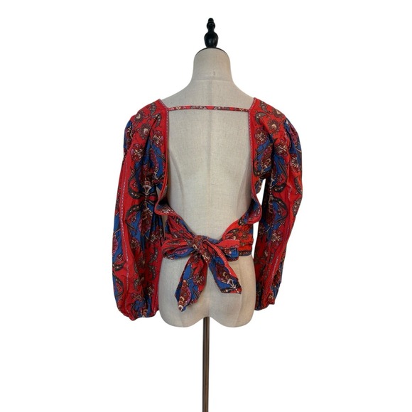 Floral Wrap Peasent Red Crop Top Open Back Tie Boho Cottagecore Sz Xs Festival - Picture 4 of 7
